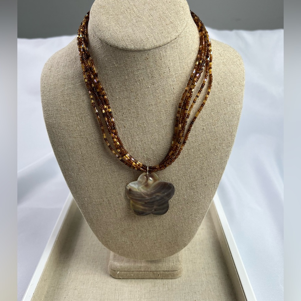 Mother of Pearl Shell & Brown Seed Bead Multi Strand Flower Beach Necklace